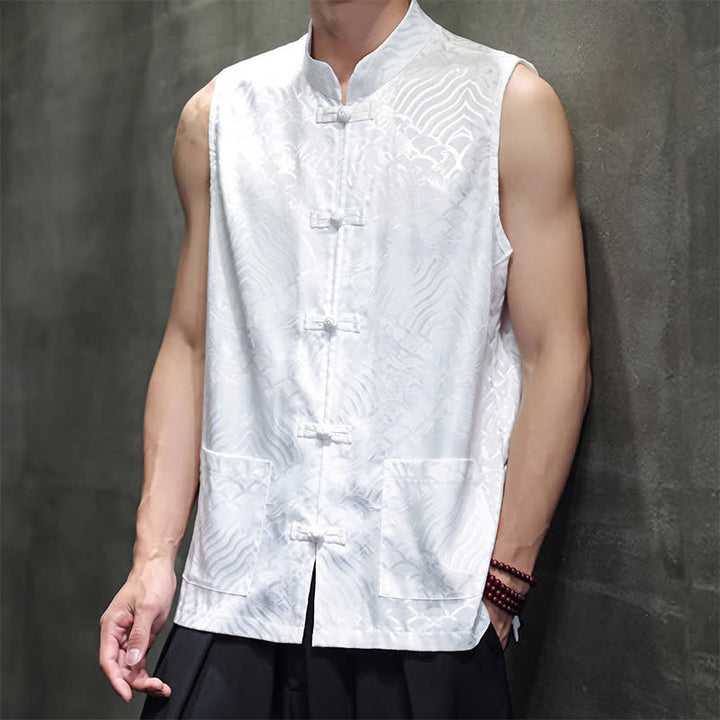Buddha Stones Camiseta sin mangas para hombre con cuello mandarín, botones de rana y estampado abstracto de olas marinas, estilo verano Tang. - image 22