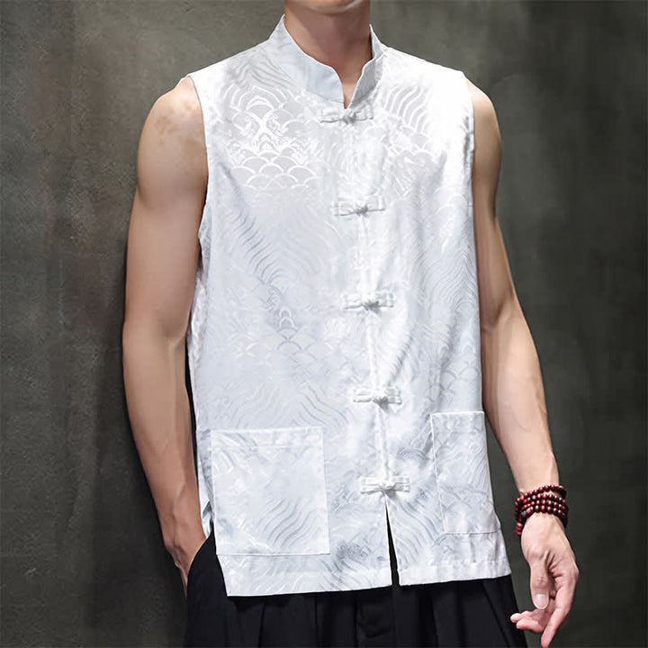 Buddha Stones Camiseta sin mangas para hombre con cuello mandarín, botones de rana y estampado abstracto de olas marinas, estilo verano Tang. - image 21