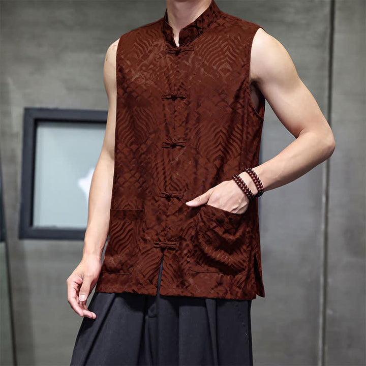 Buddha Stones Camiseta sin mangas para hombre con cuello mandarín, botones de rana y estampado abstracto de olas marinas, estilo verano Tang. - image 12