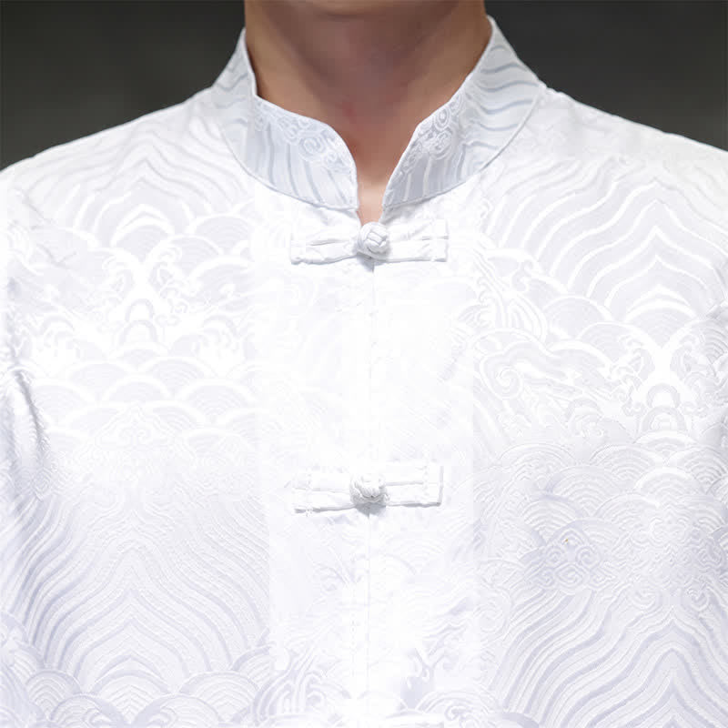 Buddha Stones Camiseta sin mangas para hombre con cuello mandarín, botones de rana y estampado abstracto de olas marinas, estilo verano Tang. - image 25