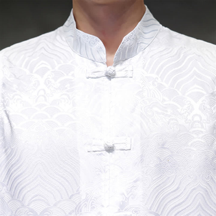 Buddha Stones Camiseta sin mangas para hombre con cuello mandarín, botones de rana y estampado abstracto de olas marinas, estilo verano Tang. - image 25
