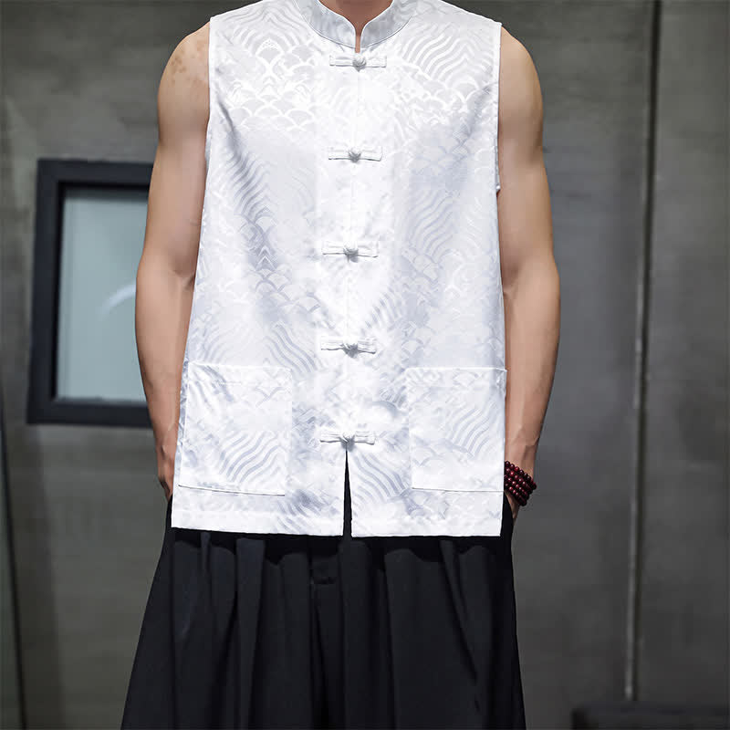 Buddha Stones Camiseta sin mangas para hombre con cuello mandarín, botones de rana y estampado abstracto de olas marinas, estilo verano Tang. - Blanco - US/UK/AU46, EU56 (5XL) - image 16