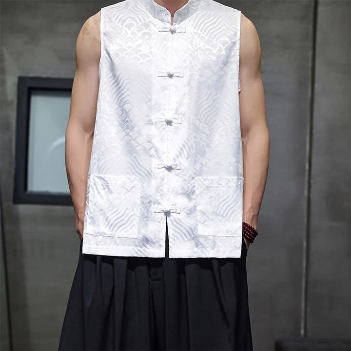 Buddha Stones Camiseta sin mangas para hombre con cuello mandarín, botones de rana y estampado abstracto de olas marinas, estilo verano Tang. - Blanco - US/UK/AU46, EU56 (5XL) - image 16