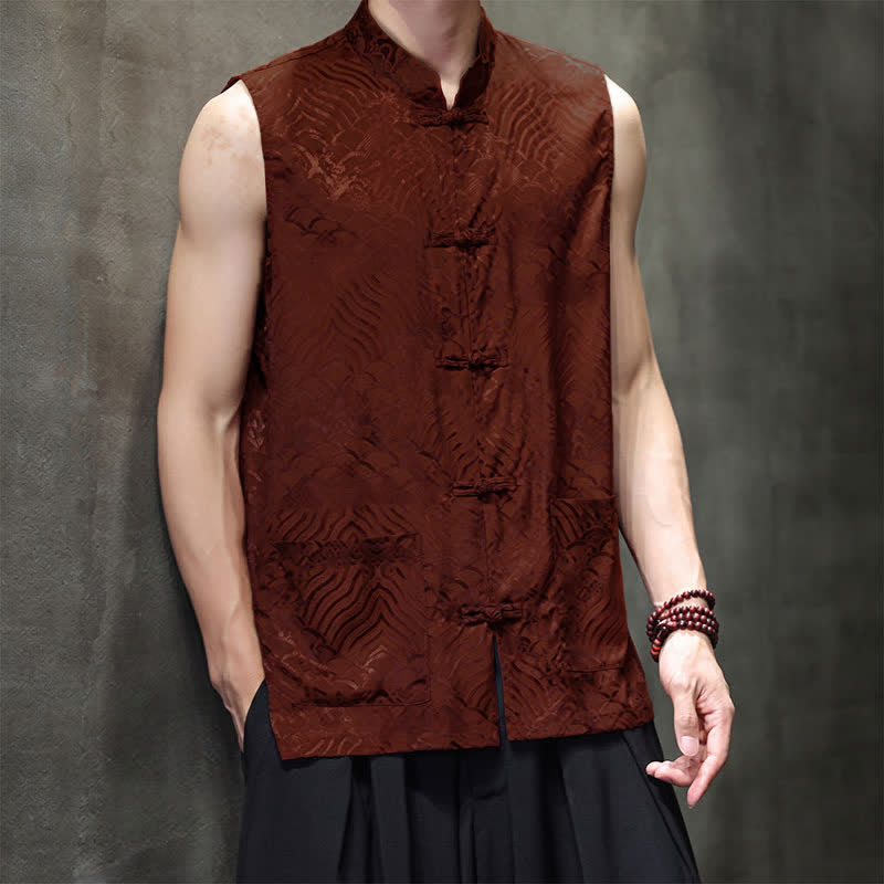 Buddha Stones Camiseta sin mangas para hombre con cuello mandarín, botones de rana y estampado abstracto de olas marinas, estilo verano Tang. - image 11