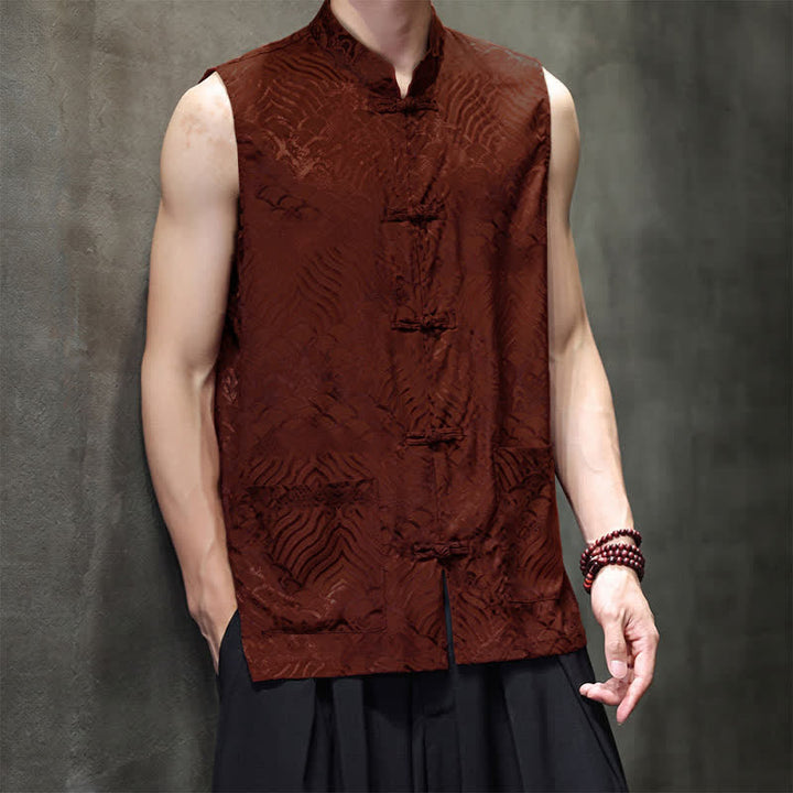 Buddha Stones Camiseta sin mangas para hombre con cuello mandarín, botones de rana y estampado abstracto de olas marinas, estilo verano Tang. - image 11