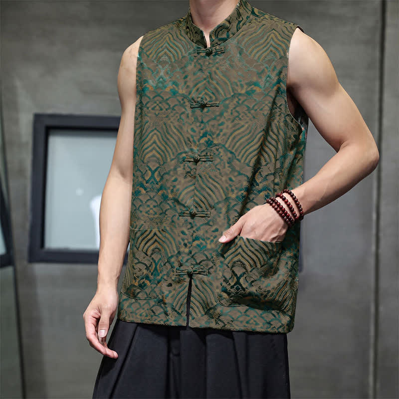 Buddha Stones Camiseta sin mangas para hombre con cuello mandarín, botones de rana y estampado abstracto de olas marinas, estilo verano Tang. - image 3