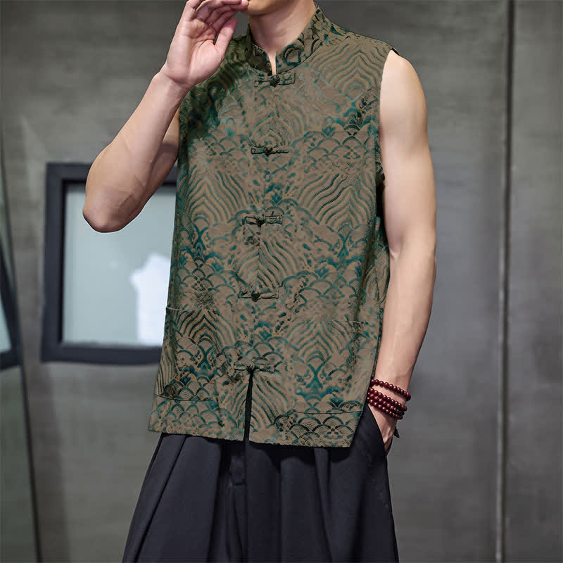 Buddha Stones Camiseta sin mangas para hombre con cuello mandarín, botones de rana y estampado abstracto de olas marinas, estilo verano Tang. - image 4