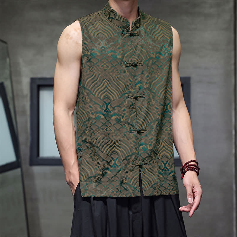 Buddha Stones Camiseta sin mangas para hombre con cuello mandarín, botones de rana y estampado abstracto de olas marinas, estilo verano Tang. - image 1