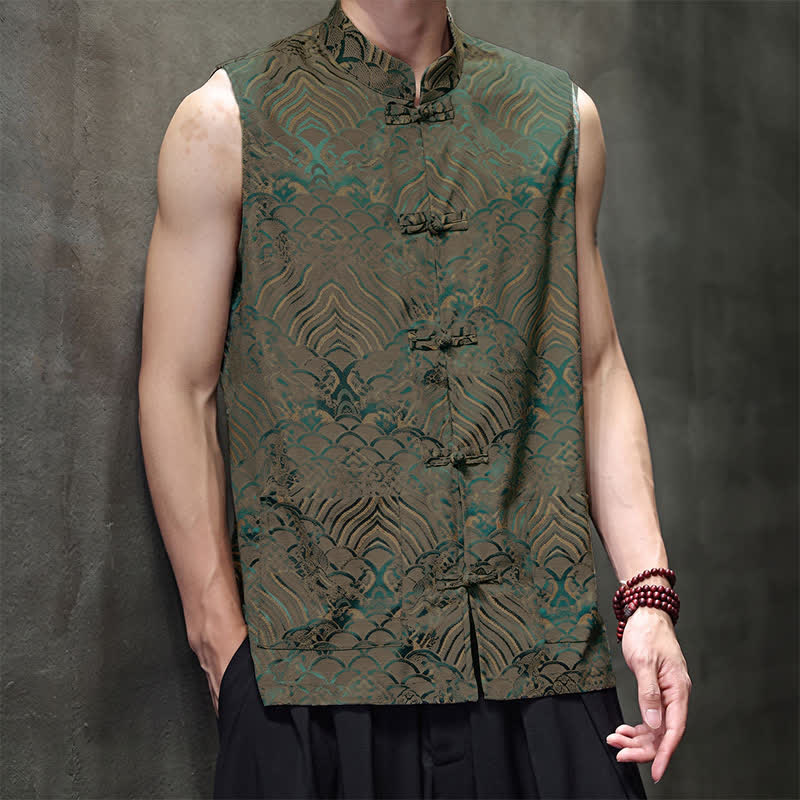Buddha Stones Camiseta sin mangas para hombre con cuello mandarín, botones de rana y estampado abstracto de olas marinas, estilo verano Tang. - image 5