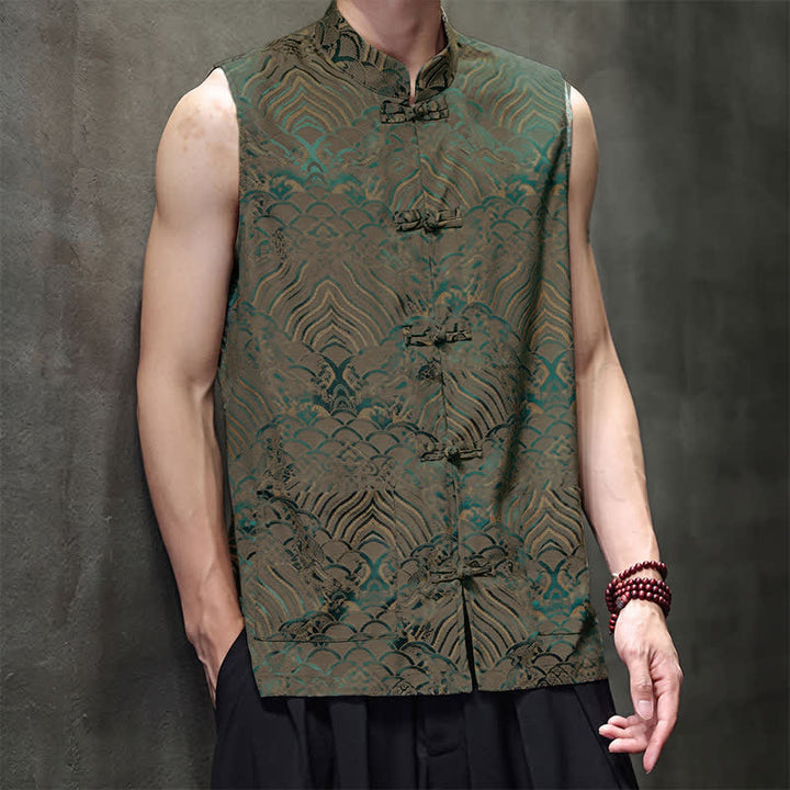 Buddha Stones Camiseta sin mangas para hombre con cuello mandarín, botones de rana y estampado abstracto de olas marinas, estilo verano Tang. - image 5