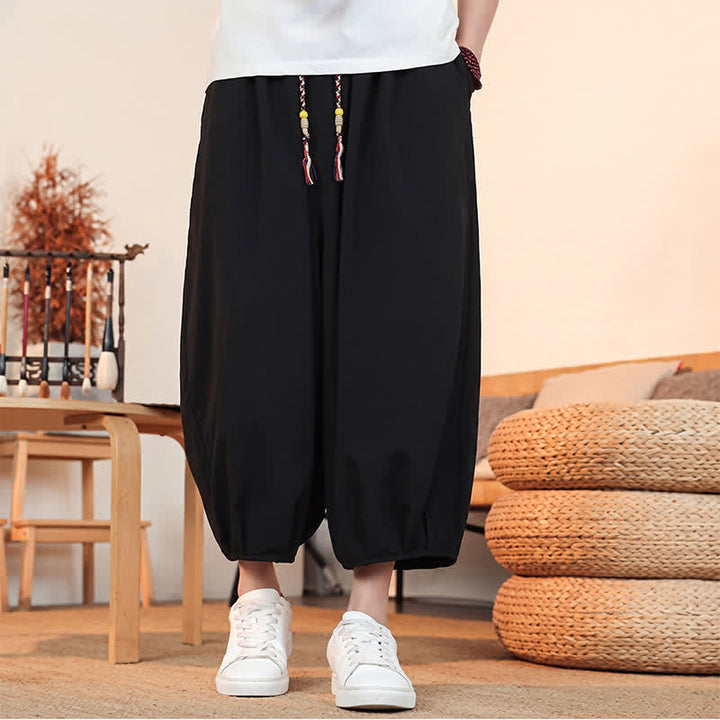 Buddha Stones Pantalones capri lisos informales de primavera/verano con cordón ajustable para hombre, estilo harem, con bolsillo. - Negro - US/UK/AU46, EU56 (5XL) - image 13