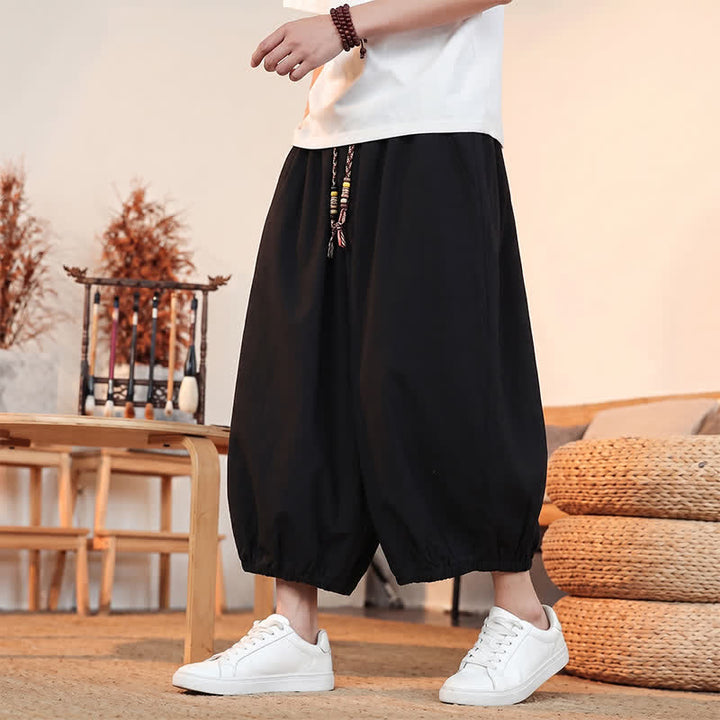 Buddha Stones Pantalones capri lisos informales de primavera/verano con cordón ajustable para hombre, estilo harem, con bolsillo. - image 15