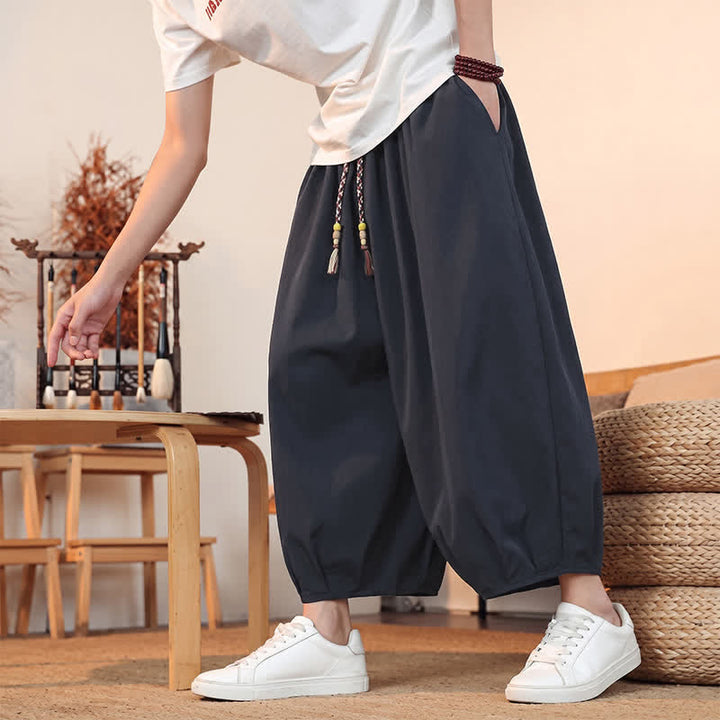 Buddha Stones Pantalones capri lisos informales de primavera/verano con cordón ajustable para hombre, estilo harem, con bolsillo. - image 37