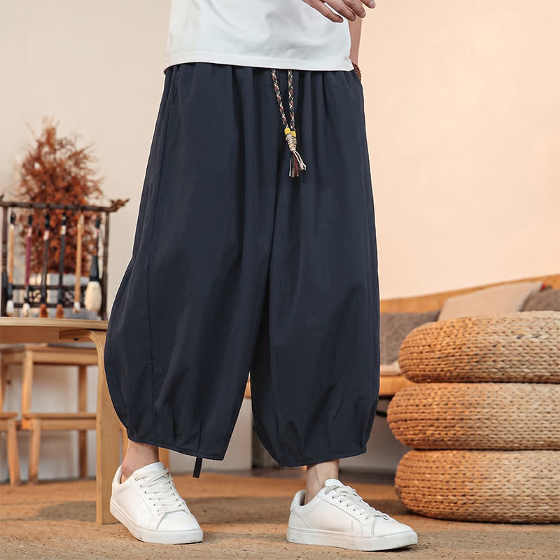 Buddha Stones Pantalones capri lisos informales de primavera/verano con cordón ajustable para hombre, estilo harem, con bolsillo. - image 33
