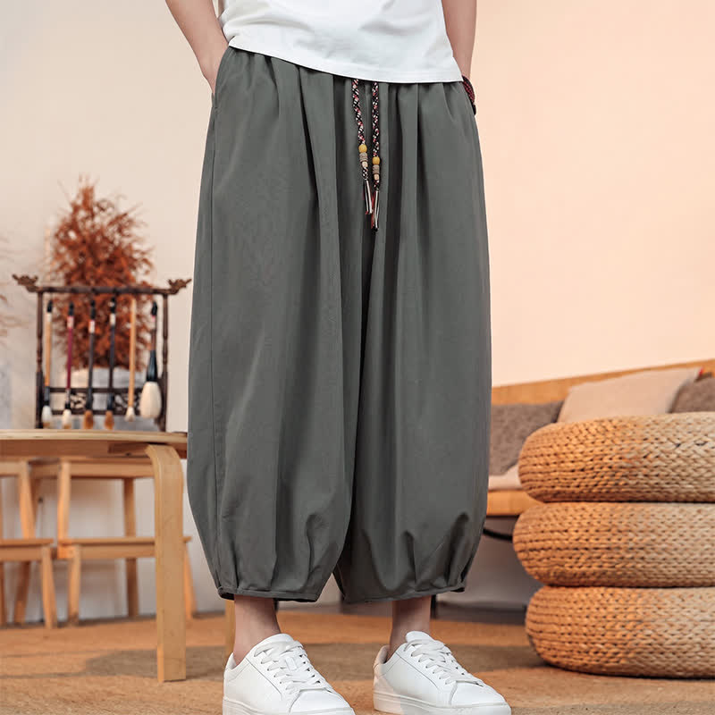 Buddha Stones Pantalones capri lisos informales de primavera/verano con cordón ajustable para hombre, estilo harem, con bolsillo. - image 2
