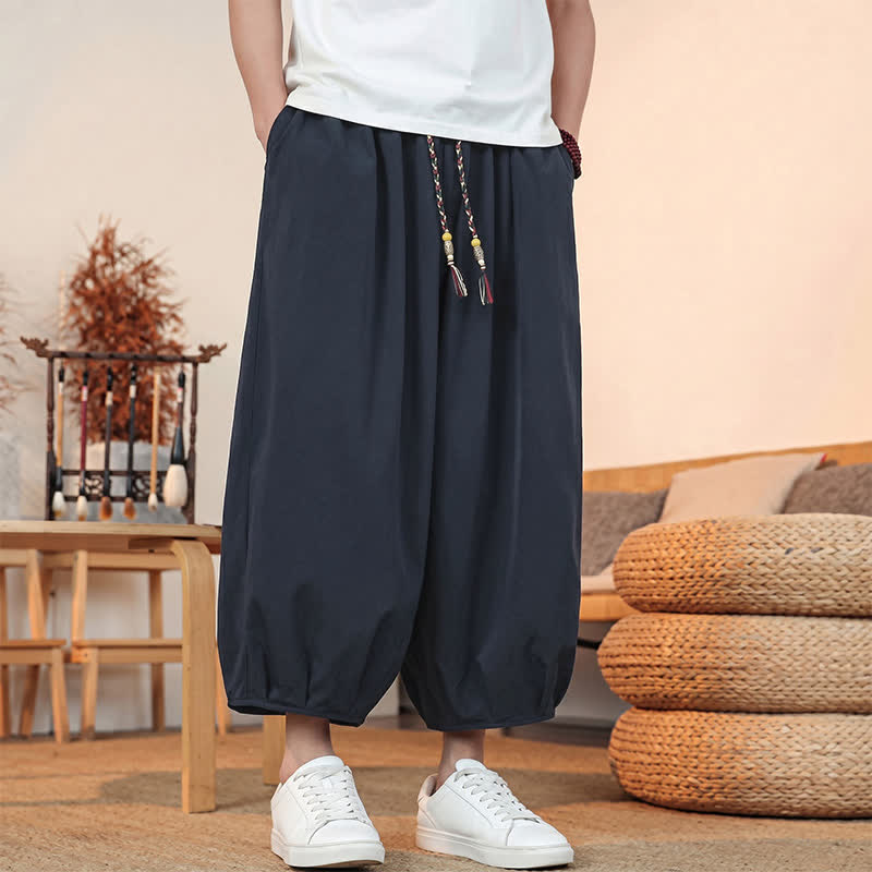 Buddha Stones Pantalones capri lisos informales de primavera/verano con cordón ajustable para hombre, estilo harem, con bolsillo. - image 31