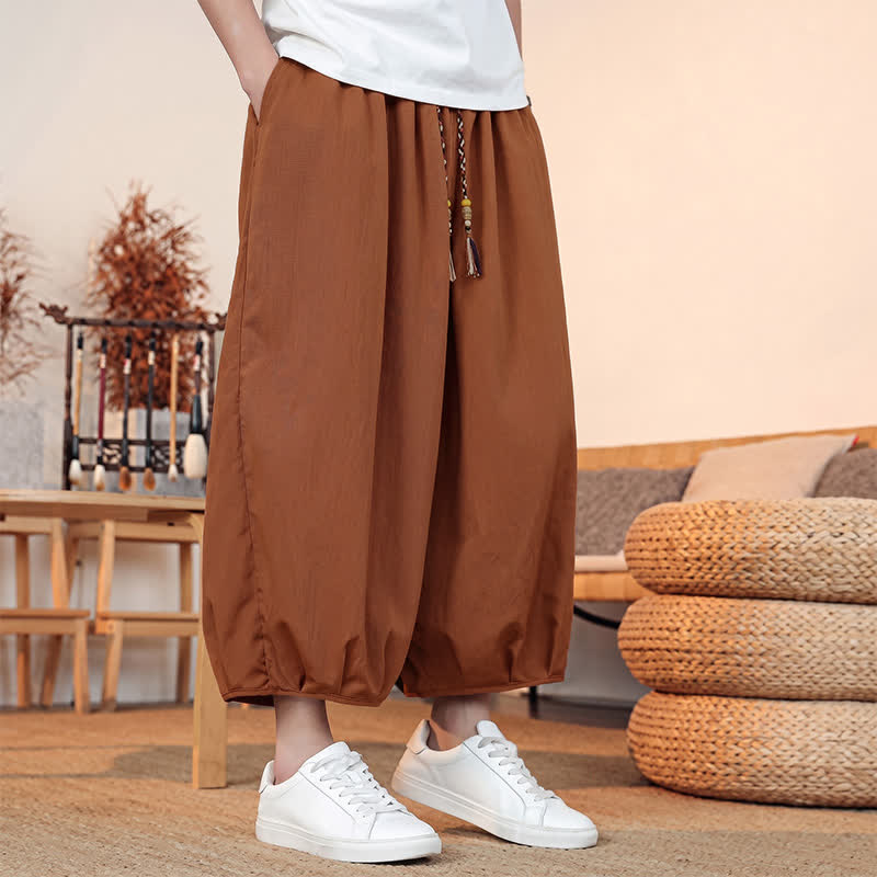 Buddha Stones Pantalones capri lisos informales de primavera/verano con cordón ajustable para hombre, estilo harem, con bolsillo. - image 25