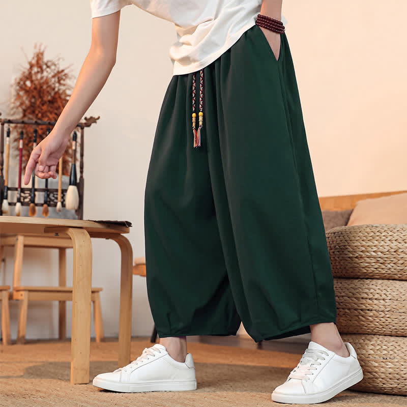 Buddha Stones Pantalones capri lisos informales de primavera/verano con cordón ajustable para hombre, estilo harem, con bolsillo. - image 44