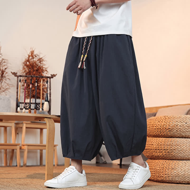 Buddha Stones Pantalones capri lisos informales de primavera/verano con cordón ajustable para hombre, estilo harem, con bolsillo. - image 36