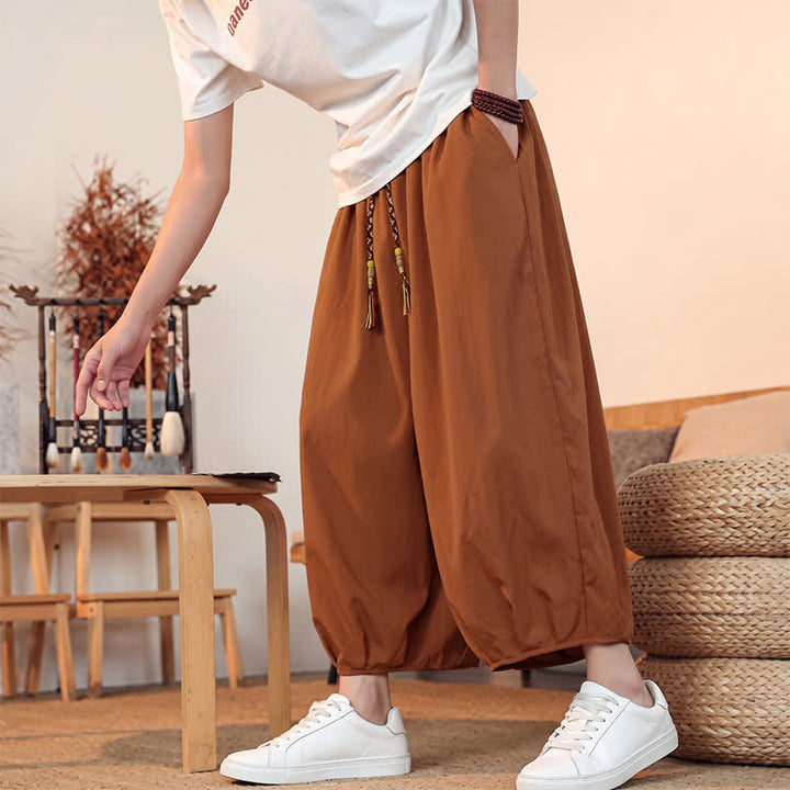 Buddha Stones Pantalones capri lisos informales de primavera/verano con cordón ajustable para hombre, estilo harem, con bolsillo. - image 27