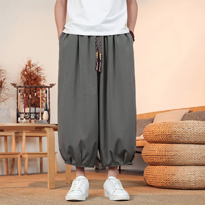 Buddha Stones Pantalones capri lisos informales de primavera/verano con cordón ajustable para hombre, estilo harem, con bolsillo. - image 1
