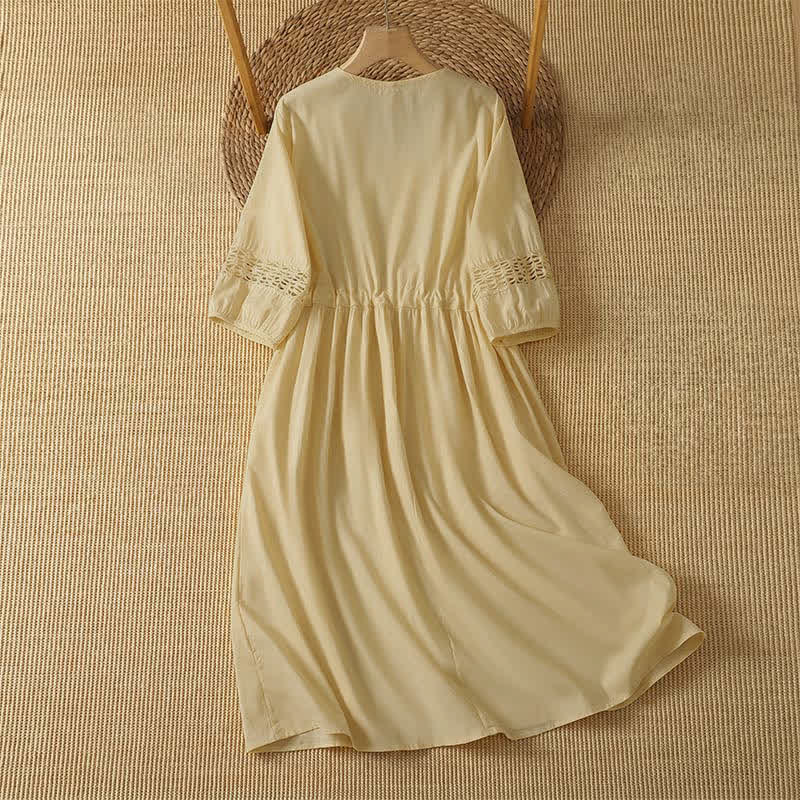 Buddha Stones Conjunto de 2 piezas de vestido de verano informal bohemio liso con cuello redondo y manga hasta el codo para mujer con bolsillo. - image 1
