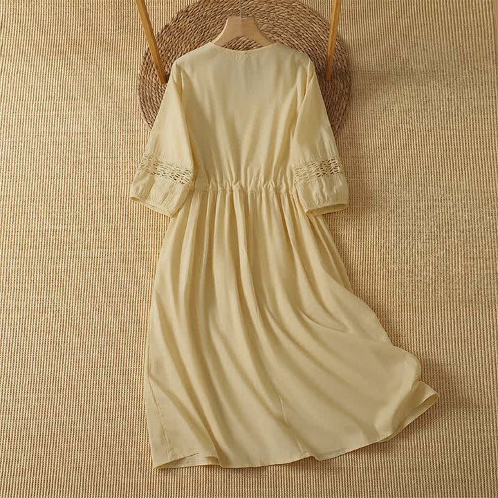 Buddha Stones Conjunto de 2 piezas de vestido de verano informal bohemio liso con cuello redondo y manga hasta el codo para mujer con bolsillo. - image 1