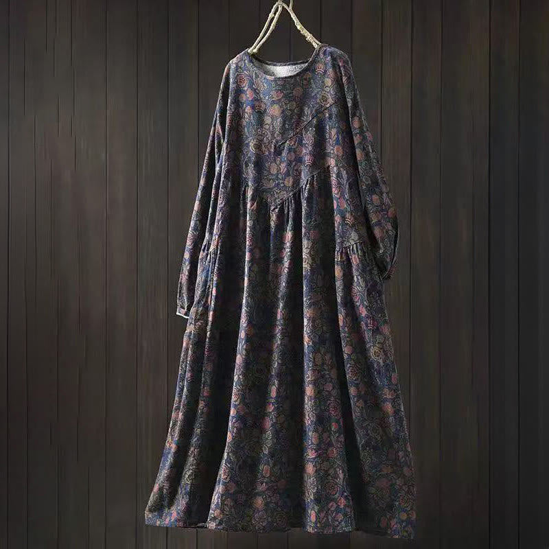 Vestido midi de manga larga para mujer con diseño de corte A, estampado floral retro y Buddha Stones - Azul oscuro - US4-8/10, UK/AU8-12/14, EU36-40/42 (F) - image 11