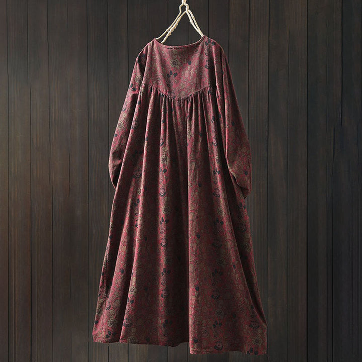 Vestido midi de manga larga para mujer con diseño de corte A, estampado floral retro y Buddha Stones - image 3