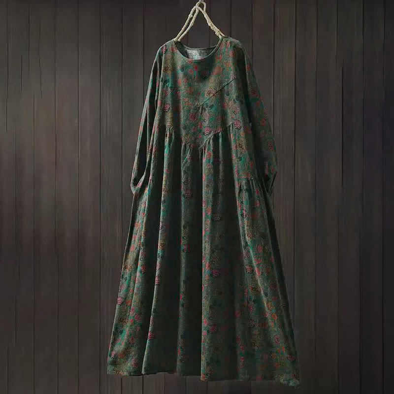 Vestido midi de manga larga para mujer con diseño de corte A, estampado floral retro y Buddha Stones - Verde oliva oscuro - US4-8/10, UK/AU8-12/14, EU36-40/42 (F) - image 0