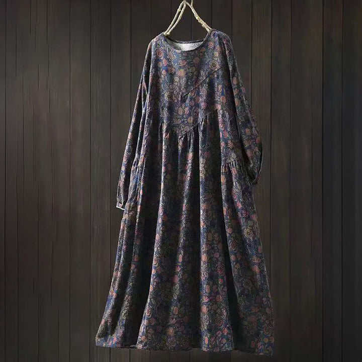 Vestido midi de manga larga para mujer con diseño de corte A, estampado floral retro y Buddha Stones - Azul oscuro - US4-8/10, UK/AU8-12/14, EU36-40/42 (F) - image 11