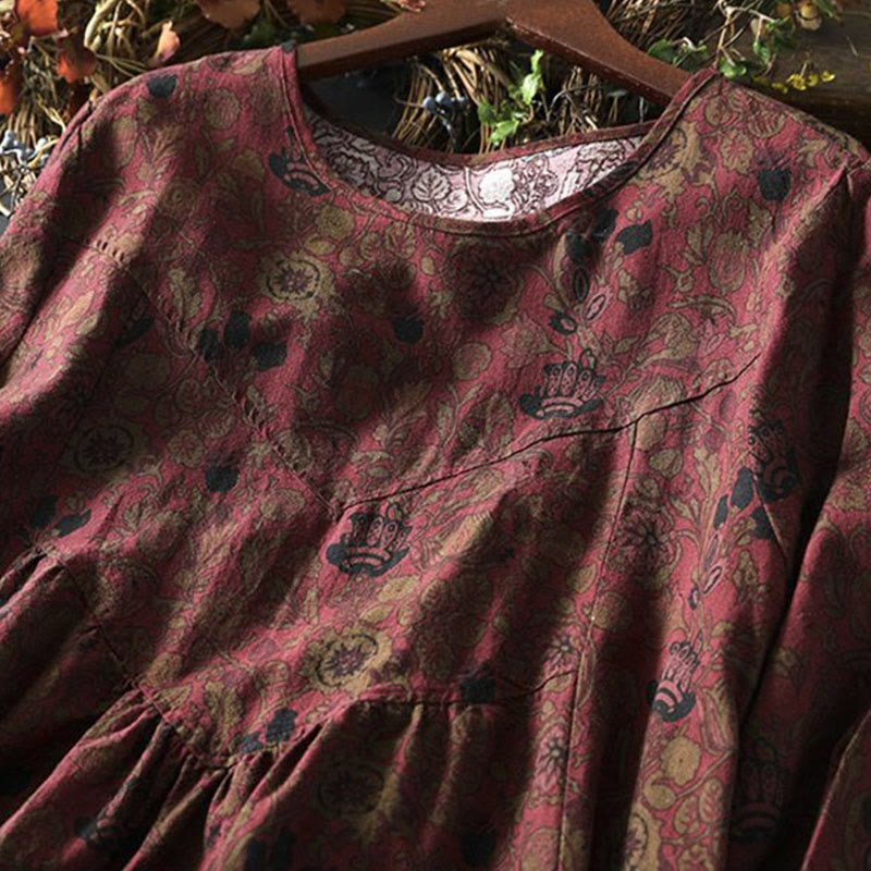 Vestido midi de manga larga para mujer con diseño de corte A, estampado floral retro y Buddha Stones - image 6