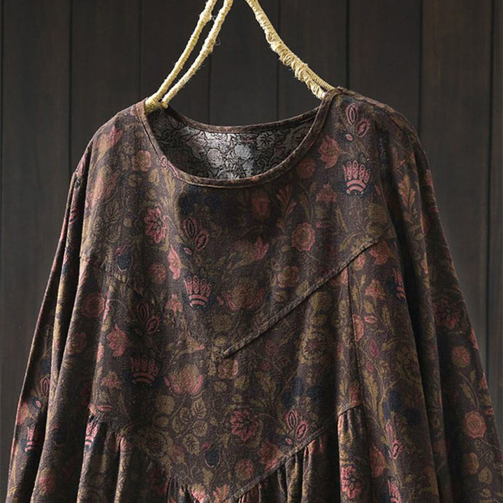 Vestido midi de manga larga para mujer con diseño de corte A, estampado floral retro y Buddha Stones - image 14