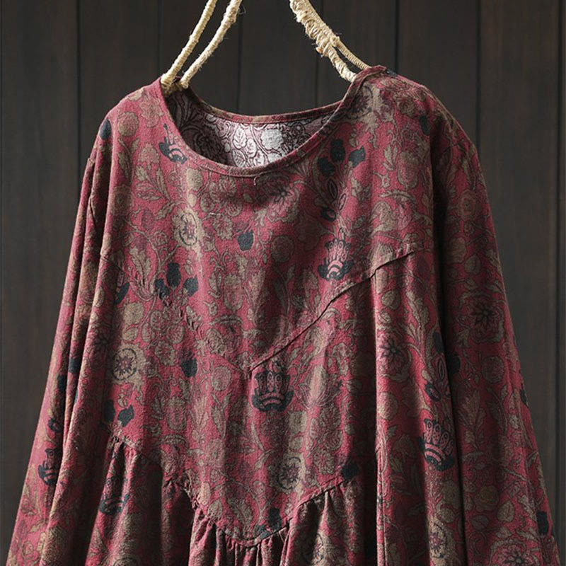 Vestido midi de manga larga para mujer con diseño de corte A, estampado floral retro y Buddha Stones - image 4