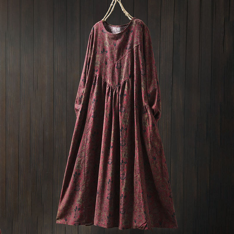 Vestido midi de manga larga para mujer con diseño de corte A, estampado floral retro y Buddha Stones - Ladrillo refractario - US4-8/10, UK/AU8-12/14, EU36-40/42 (F) - image 2