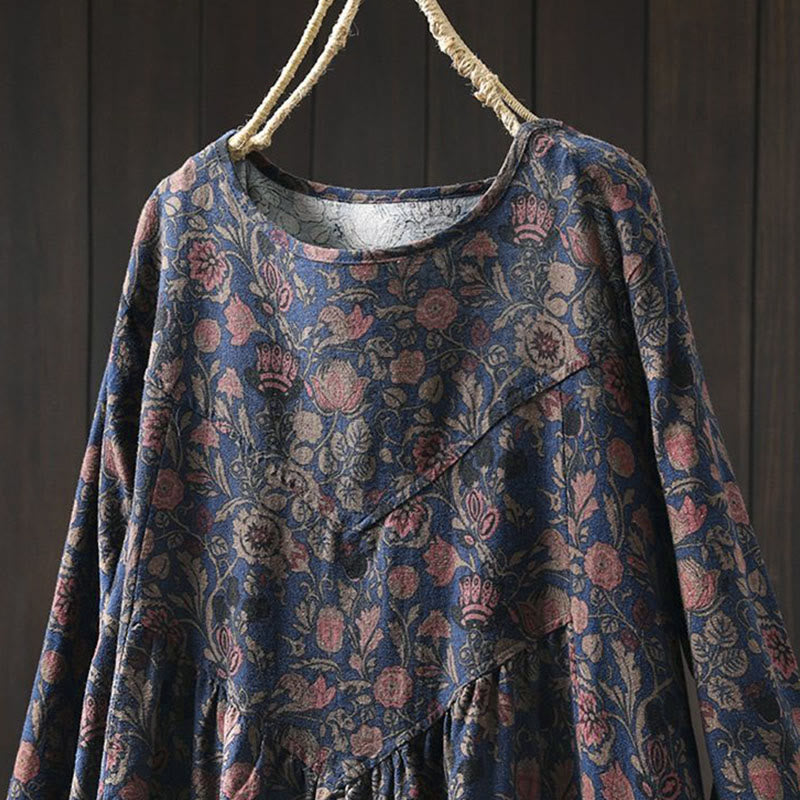 Vestido midi de manga larga para mujer con diseño de corte A, estampado floral retro y Buddha Stones - image 12