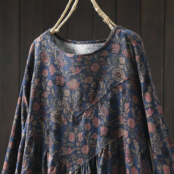 Vestido midi de manga larga para mujer con diseño de corte A, estampado floral retro y Buddha Stones - image 12