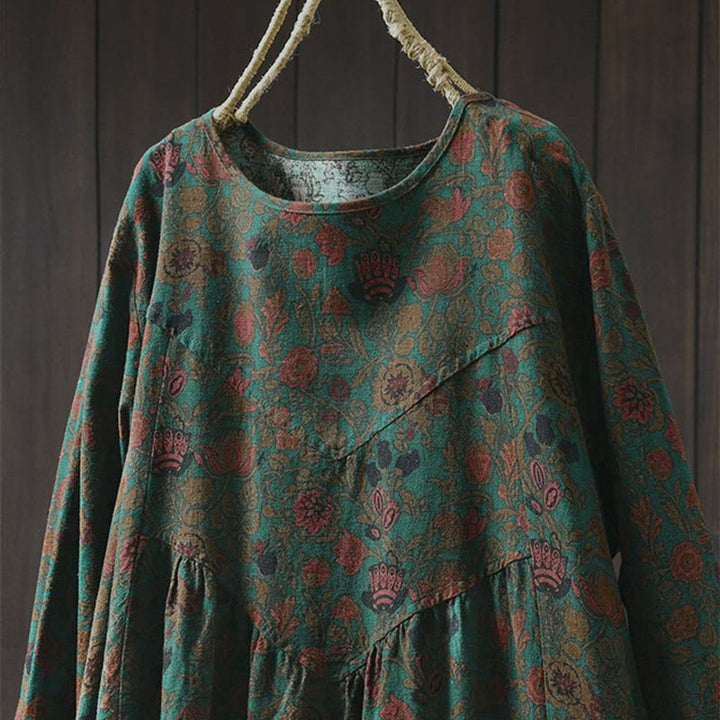 Vestido midi de manga larga para mujer con diseño de corte A, estampado floral retro y Buddha Stones - image 1