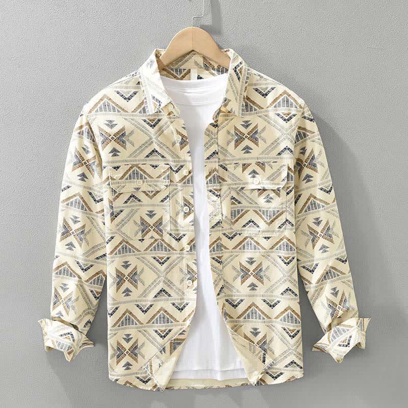 Buddha Stones Camisas de manga larga para hombre de algodón con estampado geométrico, estilo bohemio informal, con botones y bolsillo, ideales para primavera y otoño. - Caqui - US/UK/AU42, EU52 (3XL) - image 0