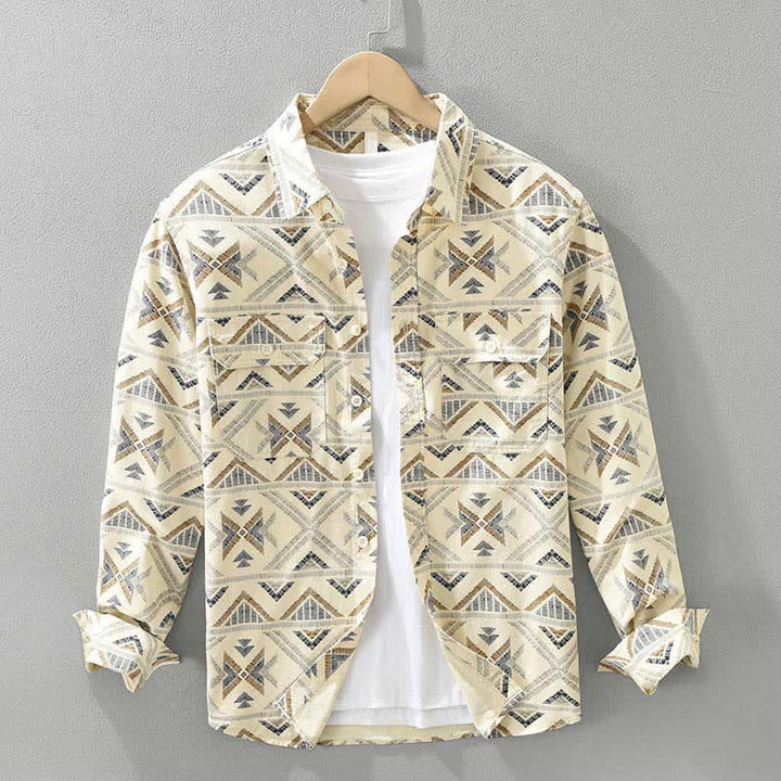 Buddha Stones Camisas de manga larga para hombre de algodón con estampado geométrico, estilo bohemio informal, con botones y bolsillo, ideales para primavera y otoño. - Caqui - US/UK/AU42, EU52 (3XL) - image 0