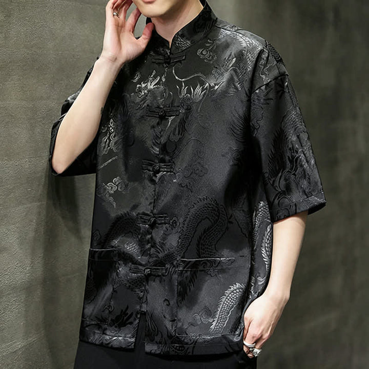 Buddha Stones Camisas de manga corta para hombre con cuello mandarín, botones de rana y estampado de dragón, estilo Summer Tang, con bolsillo. - image 11