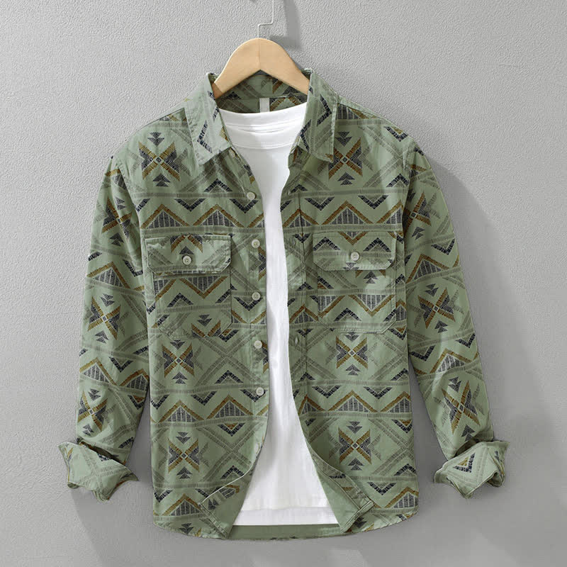 Buddha Stones Camisas de manga larga para hombre de algodón con estampado geométrico, estilo bohemio informal, con botones y bolsillo, ideales para primavera y otoño. - Verde mar oscuro - US/UK/AU42, EU52 (3XL) - image 5