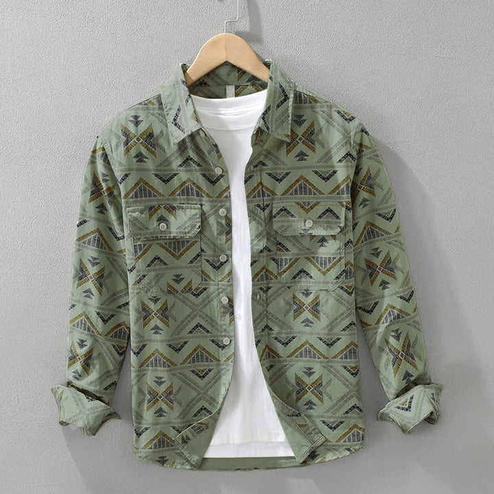 Buddha Stones Camisas de manga larga para hombre de algodón con estampado geométrico, estilo bohemio informal, con botones y bolsillo, ideales para primavera y otoño. - Verde mar oscuro - US/UK/AU42, EU52 (3XL) - image 5