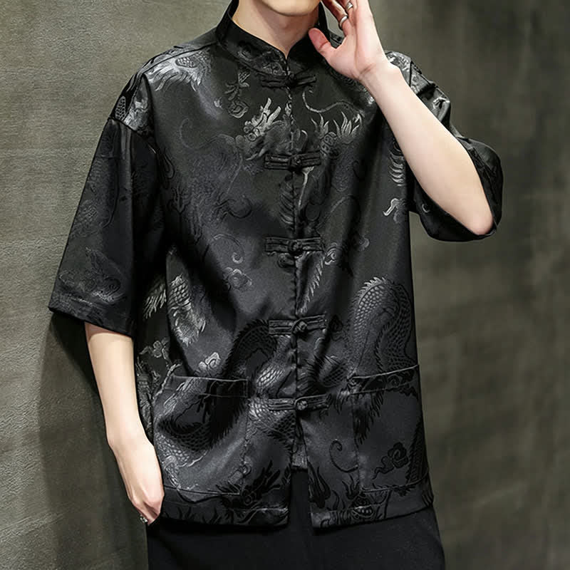 Buddha Stones Camisas de manga corta para hombre con cuello mandarín, botones de rana y estampado de dragón, estilo Summer Tang, con bolsillo. - image 10