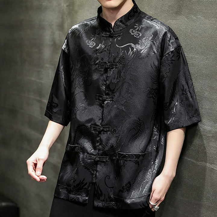 Buddha Stones Camisas de manga corta para hombre con cuello mandarín, botones de rana y estampado de dragón, estilo Summer Tang, con bolsillo. - Negro - US/UK/AU40, EU50 (2XL) - image 9