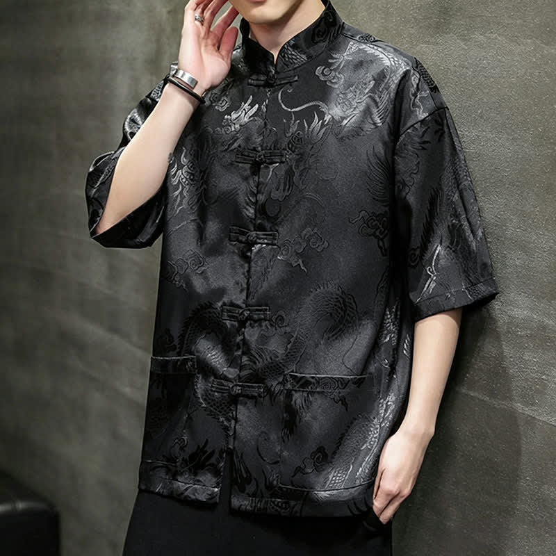 Buddha Stones Camisas de manga corta para hombre con cuello mandarín, botones de rana y estampado de dragón, estilo Summer Tang, con bolsillo. - image 12