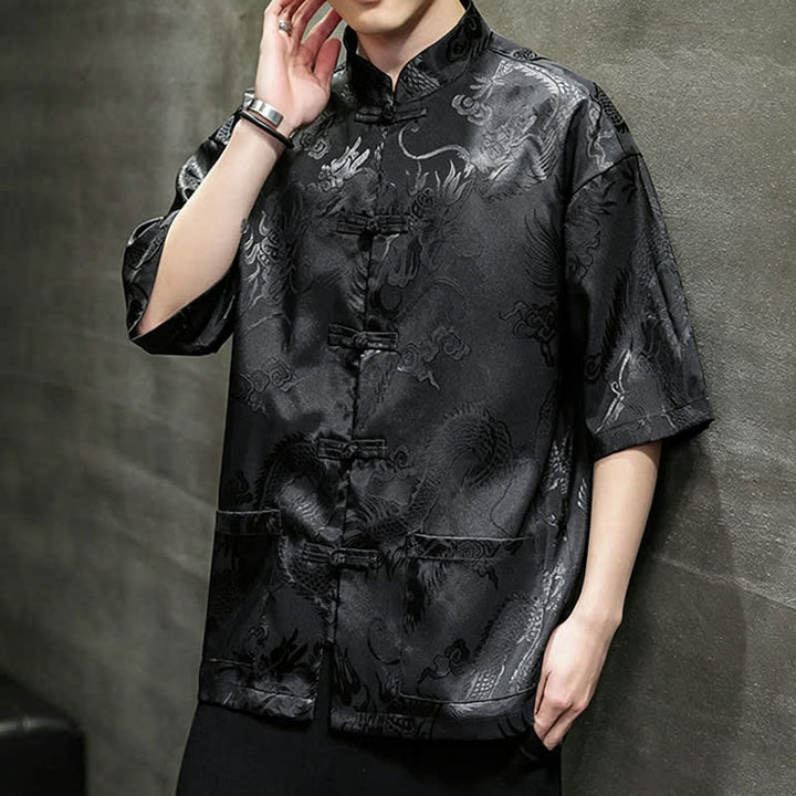 Buddha Stones Camisas de manga corta para hombre con cuello mandarín, botones de rana y estampado de dragón, estilo Summer Tang, con bolsillo. - image 12
