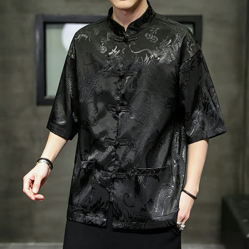 Buddha Stones Camisas de manga corta para hombre con cuello mandarín, botones de rana y estampado de dragón, estilo Summer Tang, con bolsillo. - image 14