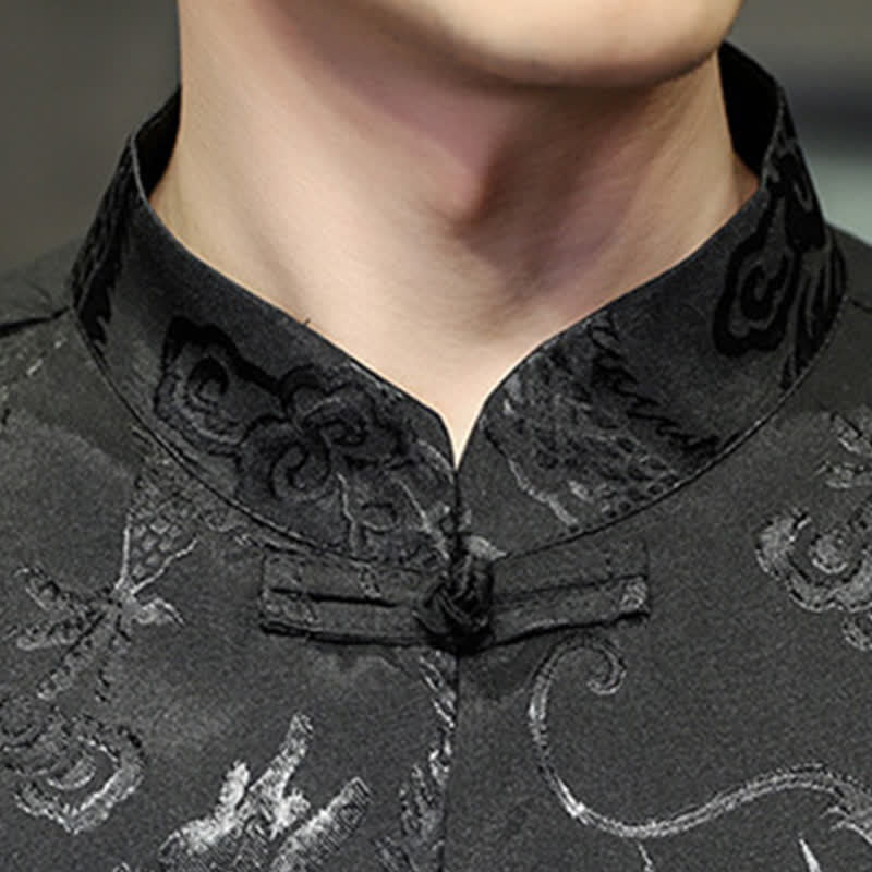 Buddha Stones Camisas de manga corta para hombre con cuello mandarín, botones de rana y estampado de dragón, estilo Summer Tang, con bolsillo. - image 15