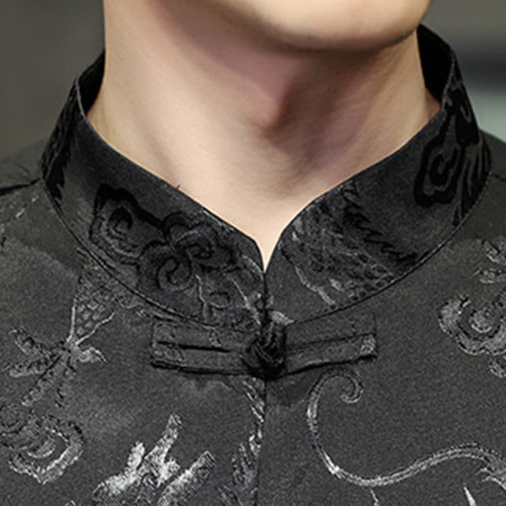 Buddha Stones Camisas de manga corta para hombre con cuello mandarín, botones de rana y estampado de dragón, estilo Summer Tang, con bolsillo. - image 15